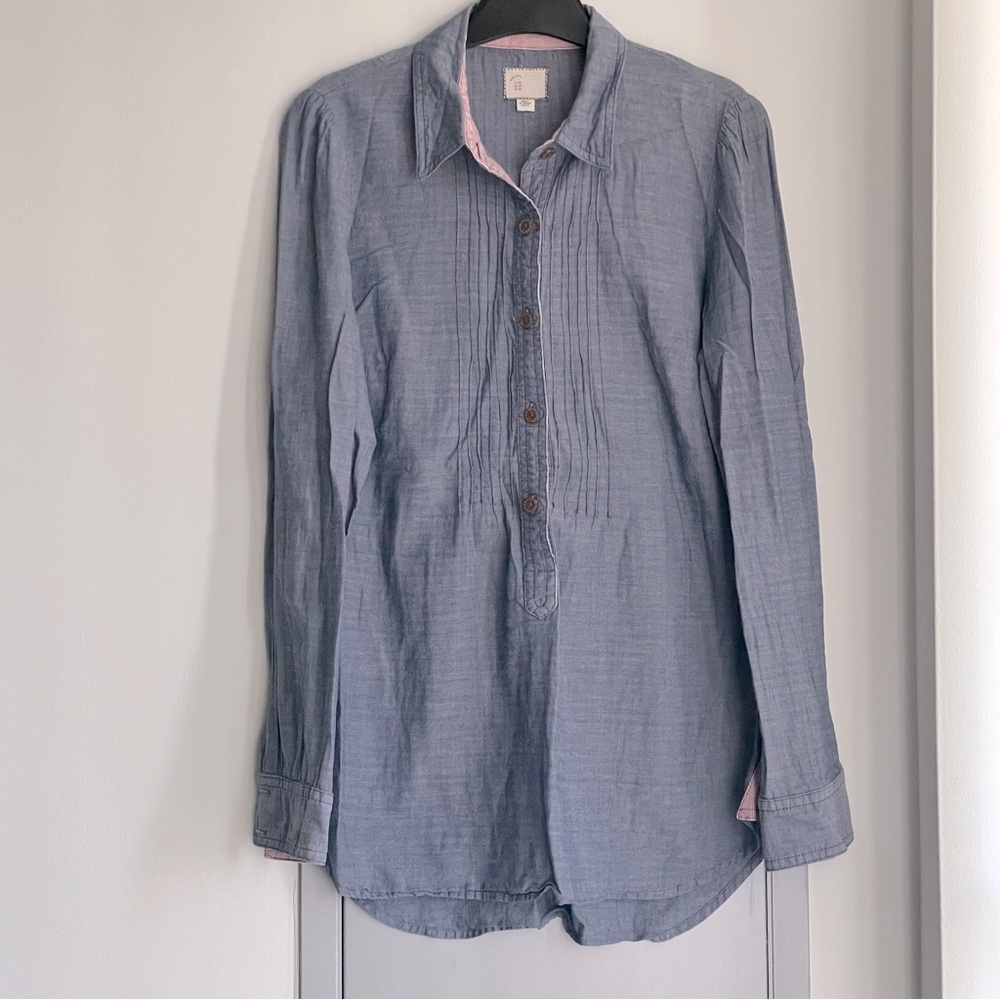 ANTHROPOLOGIE Blue Chambray Tunic 100% Cotton Long Sleeve Shirt